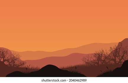 Incredible mountain views from the edge of the city at dusk in the afternoon. Vector illustration of a city 