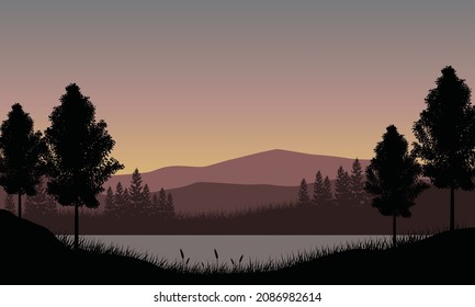 Incredible mountain views from the lakeside at dusk with the silhouettes of the surrounding trees. Vector illustration of a city