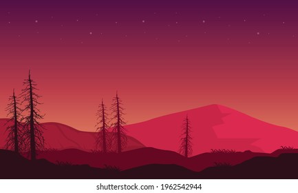 Incredible Mountain views at night under a beautiful purple starry sky. Vector illustration