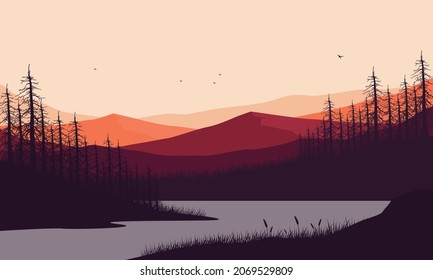 Incredible mountain views from the riverbank at dusk with the aesthetic silhouette of pine trees. Vector illustration of a city