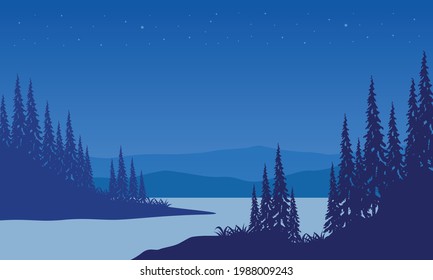 Incredible Mountain views from the riverside with a beautiful panoramic view of the starry sky at dark. Vector illustration of a city