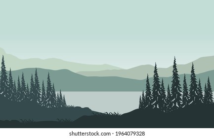 Incredible Mountain views from the riverside on the sun rises in the morning. Vector illustration of a city