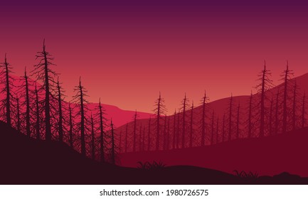 Incredible Mountain views with silhouettes of pine trees at dusk. Vector illustration of a city