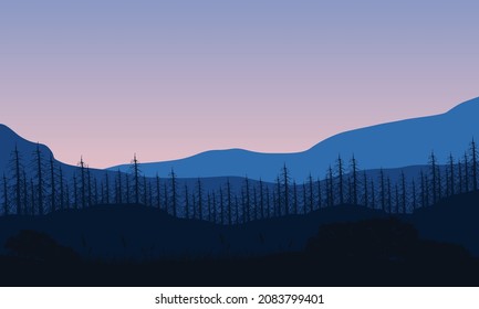 Incredible mountains and forest views from the out of the city at dusk in the afternoon. Vector illustration of a city