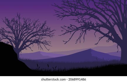 Incredible mountains panorama at dusk with fantastic dry tree silhouettes. Vector illustration of a city