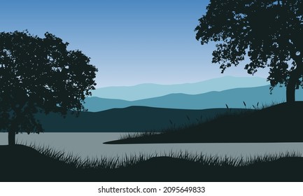 Incredible the mountains view in the morning from the riverbank. Vector illustration of a city