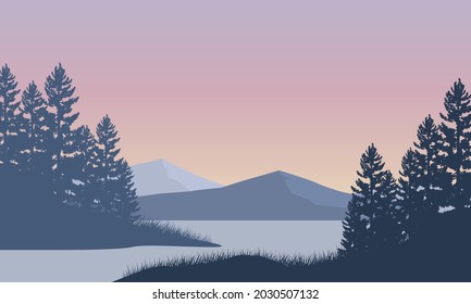 Incredible mountains view in the morning from the riverside with the silhouette of pine trees around it. Vector illustration of a city