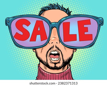 Incredible offer for their customers in the store. Huge glasses and reflection in them. A man with glasses looks at discounts.