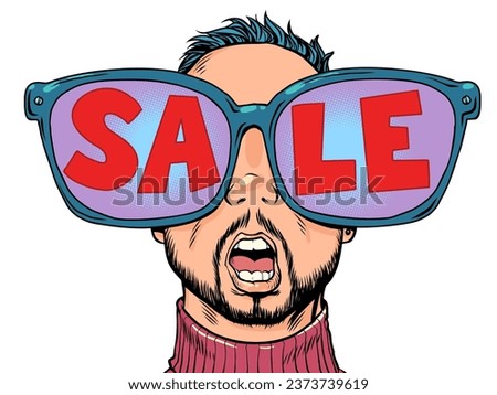 Incredible offer for their customers in the store. Huge glasses and reflection in them. A man with glasses looks at discounts.
