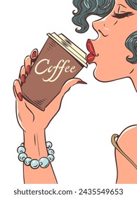 Increíbles ofertas para clientes de cafeterías y restaurantes. Vendemos delicioso café caliente. La chica pone sus labios en una taza de bebida caliente. Dibujo de dibujos animados de arte pop retro ilustración vectorial dibujo a mano. En un