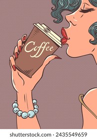 Incredible offers for cafe and restaurant customers. We sell delicious hot coffee. The girl puts her lips to a cup of hot drink. Comic cartoon pop art retro vector illustration hand drawing
