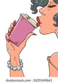 Increíbles ofertas para clientes de cafeterías y restaurantes. Entrega de delicioso té caliente y café a su hogar. La chica pone sus labios en una taza de bebida caliente. Cómic de dibujos animados pop art vector retro