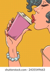 Incredible offers for cafe and restaurant customers. Delivery of hot delicious tea and coffee to your home. The girl puts her lips to a cup of hot drink. Comic cartoon pop art retro vector