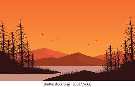 The Incredible panoramic view of the mountains from the riverbank at dusk in the afternoon. Vector illustration of a city