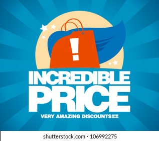 Incredible price, sale design template with shopping bag as a superhero.