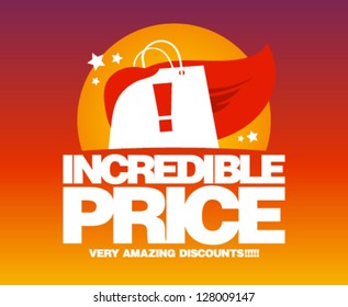 Incredible price, sale design template with shopping bag as a superhero.