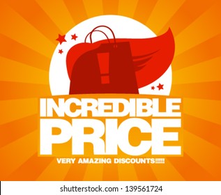 Incredible price, sale design template with shopping bag as a superhero.