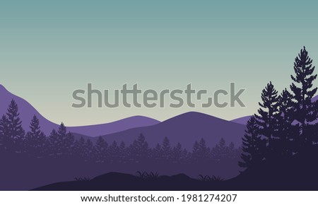 Incredible silhouetted view of mountains with pine trees from the edge of the city at sunrise. Vector illustration of a city 