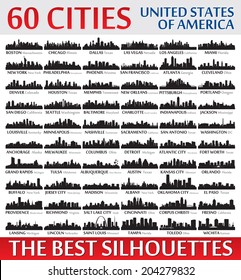 Incredible skyline set. 60 city silhouettes of United States of America