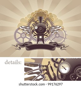 Incredible steam engine with wings. Steampunk styled vector background.