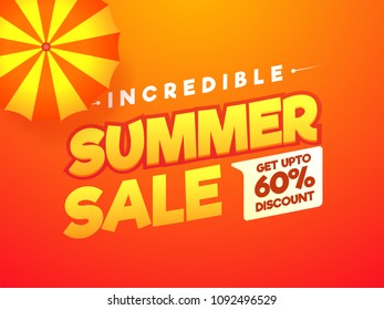 Incredible Summer Sale, poster, banner or flyer design with stylish text Umbrell and 60% off offers.