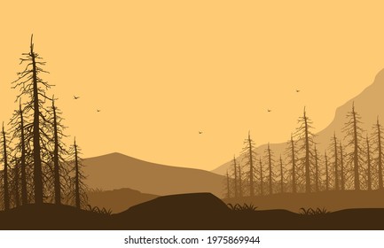 Incredible view of mountains with aesthetic pine trees from the outskirts of the city in the afternoon. Vector illustration of a city