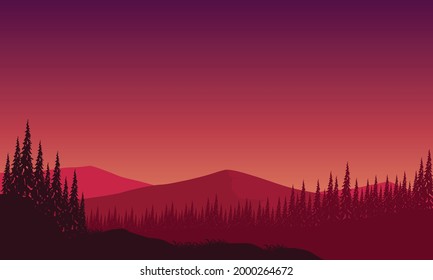 Incredible view of the mountains from the edge of the city at twilight with the aesthetic silhouette of the pine trees. Vector illustration of a city