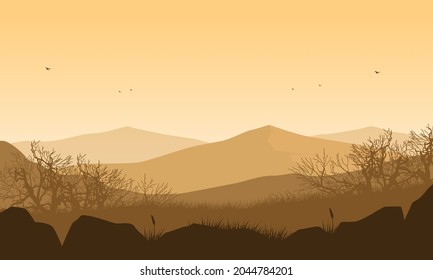 Incredible view of the mountains in the evening from the edge of the city. Vector illustration of a city