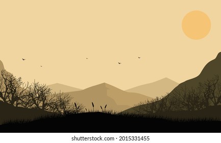 The incredible view of the mountains from the suburb at sunrise with the silhouettes of dry tree branches around it. Vector illustration of a city