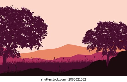Incredible views of the mountains in the countryside at dusk in the afternoon. Vector illustration of a city