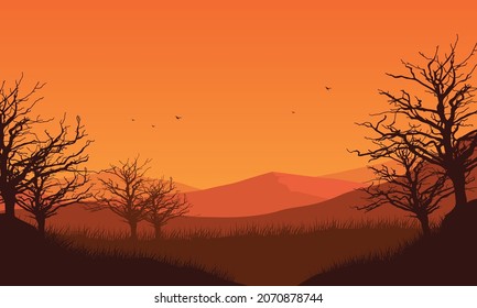 Incredible views of the mountains with dry tree silhouettes from the countryside at sunset. Vector illustration of a city