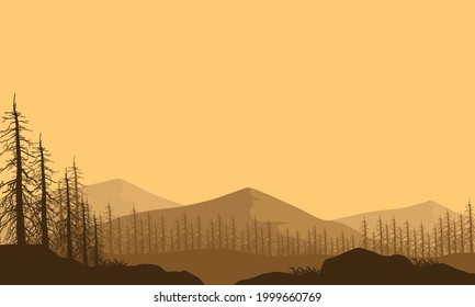Incredible views of the mountains with forests from the edge of the city in the afternoon. Vector illustration of a city