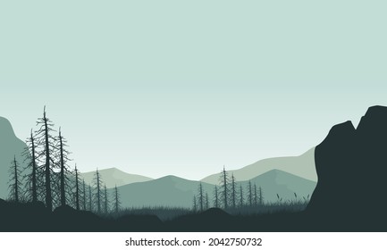 Incredible views of the mountains with forests at night from the out of the city. Vector illustration of a city