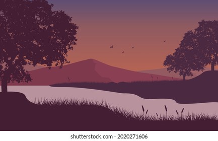 Incredible views of the mountains from the riverbank at dusk with the silhouettes of large trees around. Vector illustration of a city