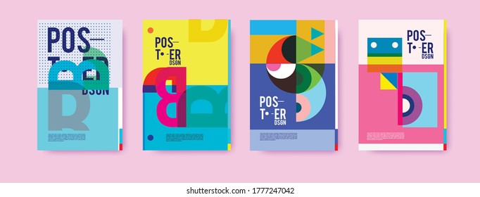Incredibly colorful and beautiful set and 4 posters, flyers. Different color palette, abstraction, text, identity, symbols. Poster or print template for sale promotion event. Rainbow graphic display.