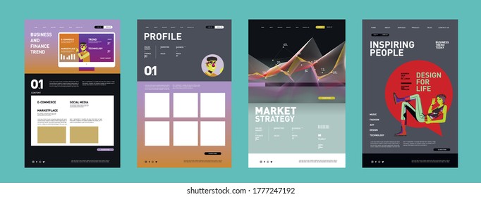 Incredibly colorful and beautiful set and 4 posters, flyers. Different color palette, abstraction, text, identity, symbols. Poster or print template for sale promotion event. Rainbow graphic display.