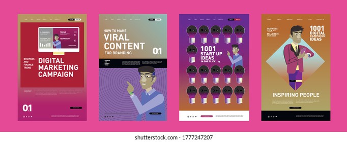 Incredibly colorful and beautiful set and 4 posters, flyers. Different color palette, abstraction, text, identity, symbols. Poster or print template for sale promotion event. Rainbow graphic display.