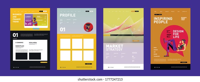 Incredibly colorful and beautiful set and 4 posters, flyers. Different color palette, abstraction, text, identity, symbols. Poster or print template for sale promotion event. Rainbow graphic display.