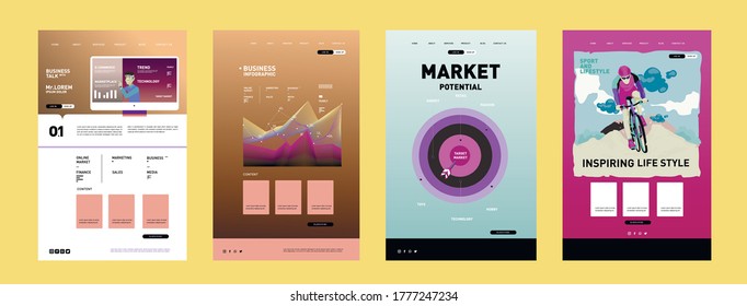 Incredibly colorful and beautiful set and 4 posters, flyers. Different color palette, abstraction, text, identity, symbols. Poster or print template for sale promotion event. Rainbow graphic display.