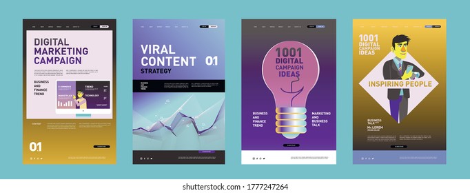 Incredibly colorful and beautiful set and 4 posters, flyers. Different color palette, abstraction, text, identity, symbols. Poster or print template for sale promotion event. Rainbow graphic display.