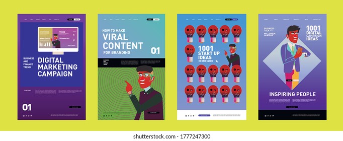Incredibly colorful and beautiful set and 4 posters, flyers. Different color palette, abstraction, text, identity, symbols. Poster or print template for sale promotion event. Rainbow graphic display.