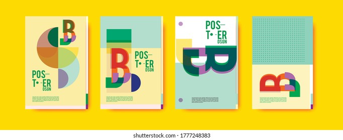 Incredibly colorful and beautiful set and 4 posters, flyers. Different color palette, abstraction, text, identity, symbols. Poster or print template for sale promotion event. Rainbow graphic display.
