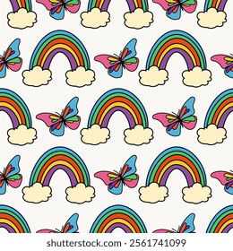 An incredibly colorful and vibrant pattern showcasing rainbows and butterflies, perfect for cheerful and joyful designs