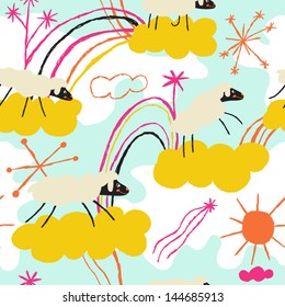 Incredibly energetic sheep running among the clouds. Vector seamless pattern