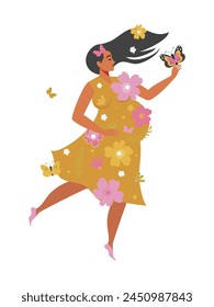 An incredibly happy and blooming pregnant woman in a yellow dress dances. Vector.