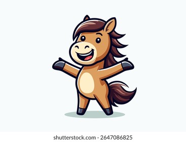 Incredibly happy horse spreads its front hooves wide and is ready to hug and kiss everyone, color vector illustration. Cute character design horse symbol of New Year 2026. For postcard, calendar, ad