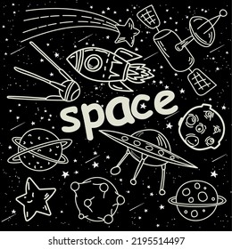 
incredibly interesting and cute space doodle with flying saucer, rocket, planets, satellite, stars and asteroids. Beautiful print for wallpaper and clothes in vector