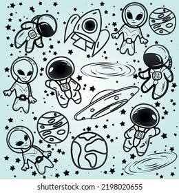 doodle espacial increíblemente interesante y lindo con platillo volador, cohete, planetas, estrellas y extraterrestres. Impresión hermosa para papel pintado y ropa en vector