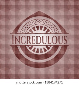 Incredulous red emblem with geometric background. Seamless.