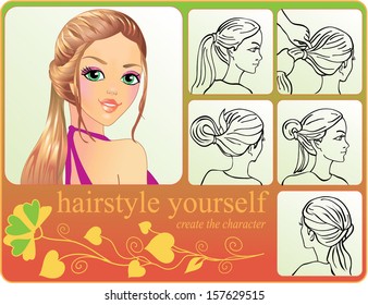 incremental creation of character of young girl from her hair.
